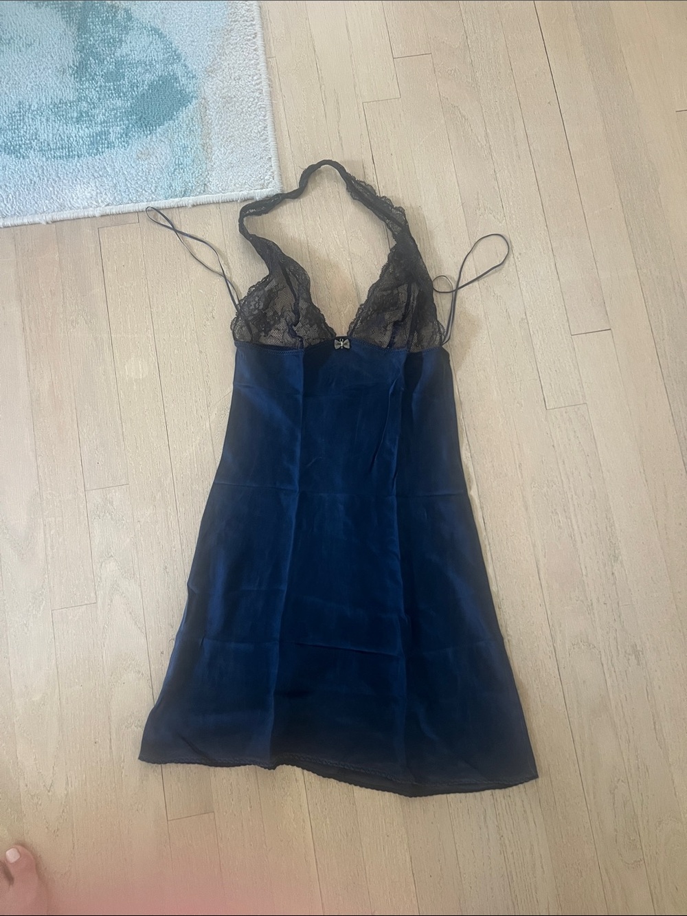 intimissimi Navy Blue Silk Slip with Black Lace Bodice
